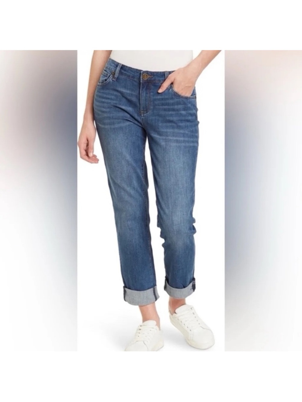 KUT from the Kloth Carrie Boyfriend Jeans - Blue with Tan Stitching